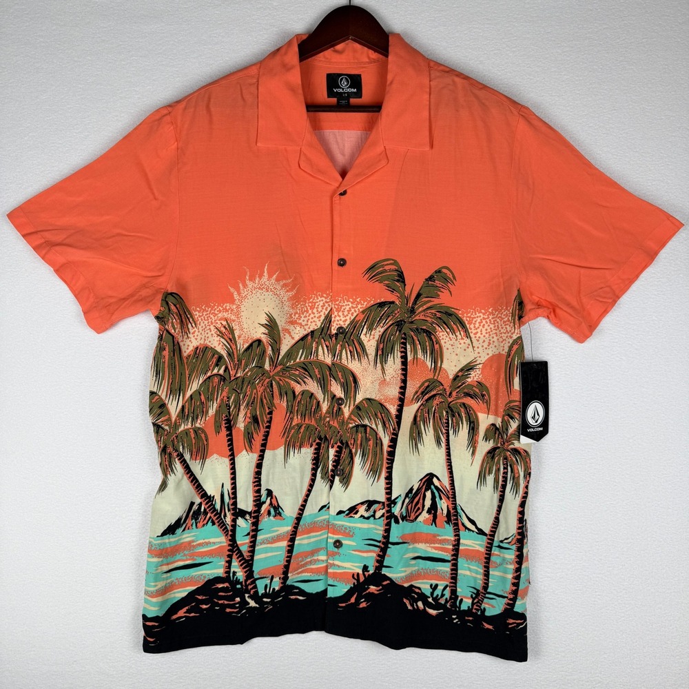 NEW Volcom Parodice Shirt Mens L Palm Tree Camp Collar Button Up Short Sleeve